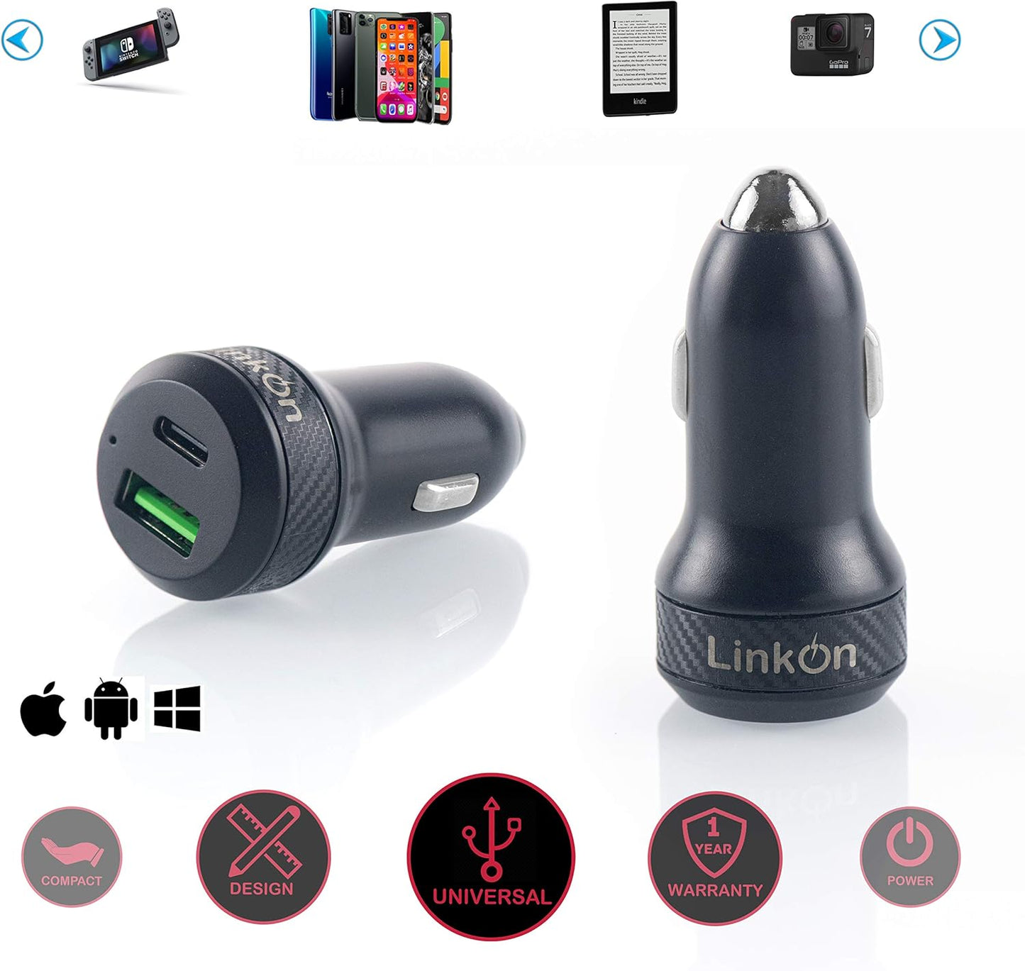 LinkOn 45W Car Charger with 27W USB-C PD3.0 & 18W USB-A QC3.0 for iPhone Xs/Max/XR/X, iPad, Samsung Galaxy, Pixel,