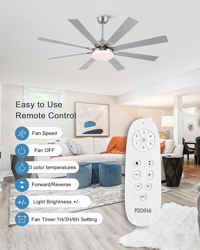 62 Inch Ceiling Fans with Lights,Large Modern Ceiling fan with Remote and 8 Wooden Blades,Dimmable,6 Speeds,Noiseless Reversible Indoor&Outdoor Fan for Bedroom,Patio,Living Room