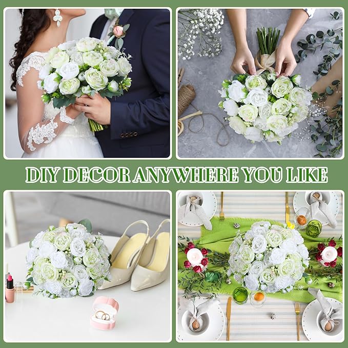 Geosar 8 Bundles Artificial Peonies Flowers Fake Silk Peony Bouquet Faux Peonies Flowers Bulk for Decoration Vase Floral Arrangements Wedding Party Table (White,Green)
