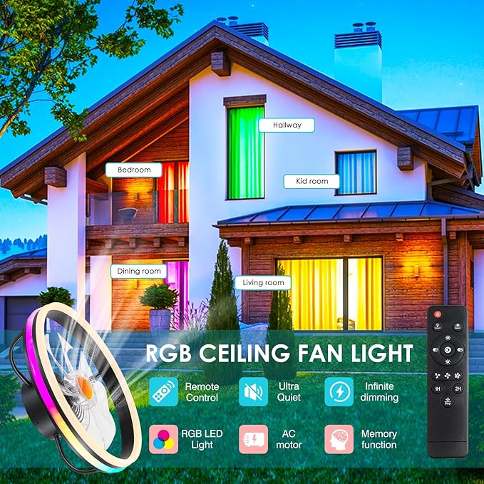 Ceiling Fan-Low Profile Ceiling Fan with Light - Modern Flush Mount Ceiling Fan,16" RGB Dimmable LED Enclosed Ceiling Fans,Modern Bladeless LED-RGB Ambient Light for Bedroom Kids Room Party（Black）