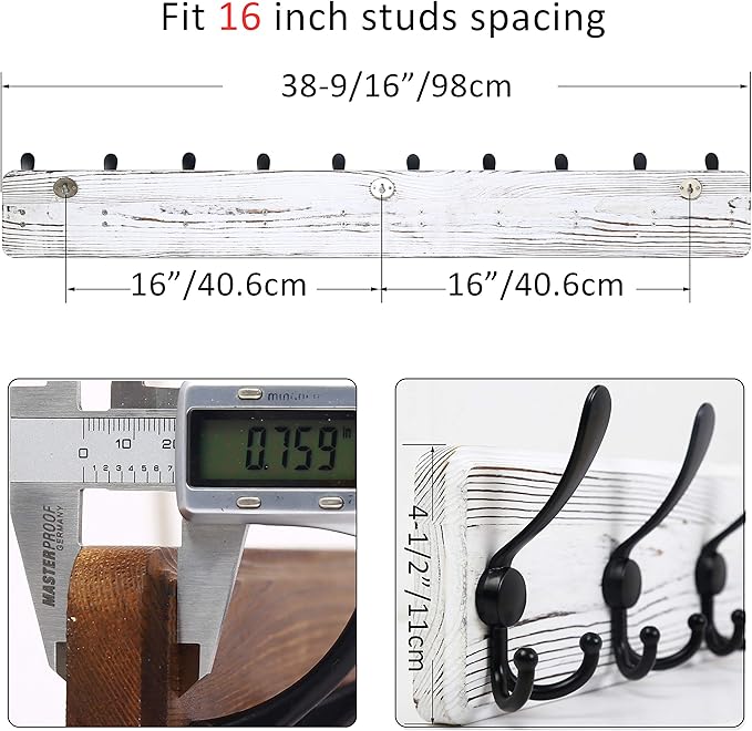 WEBI Coat Rack Wall Mount,38 9/16" Long,10 Hooks,Large Coat Hooks Wall Mounted,Coat Hanger Wall,Wood Hook Rack Rail,Triple Hooks for Hanging Coats,Clothes,Jacket,Black/White