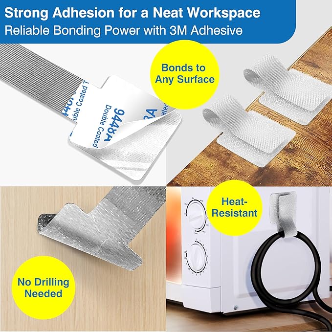 Cable Management Kit – 40 Self-Adhesive Hook & Loop Cable Ties with 2 Extension Straps, Strong Adhesive Cord Organizer for Desk, Wall, Home & Office, Adjustable Wire Holders, Grey & White