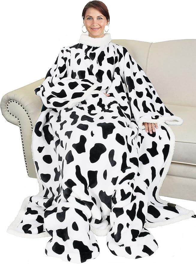 Catalonia Cow Print Sherpa Wearable Blanket with Sleeves & Foot Pockets for Adult Women Men, Comfy Snuggly Wrap Sleeved Throw Blanket Robe, Gift Idea