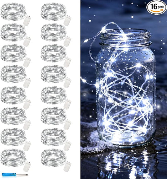 VOOKRY 16 Pack 10 ft 30 LEDs Fairy Lights Battery Operated, Waterproof Silver Wire Mini String Lights, Firefly Starry Moon Lights for Jars DIY Wedding Party Bedroom Patio Christmas Decor(Cool White)