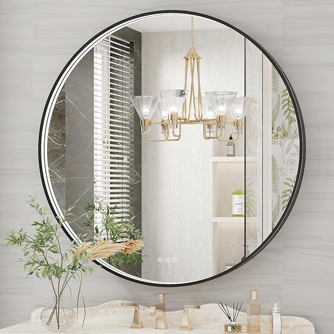 36 Inch Round LED Bathroom Mirror, Black Metal Framed Lighted Mirror for Bathroom, Wall Mouted LED Vanity Mirror with Lights, 3 Colors and Stepless Dimmable, Anti-Fog, Memory