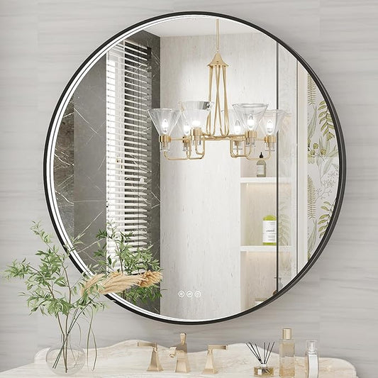36 Inch Round LED Bathroom Mirror, Black Metal Framed Lighted Mirror for Bathroom, Wall Mouted LED Vanity Mirror with Lights, 3 Colors and Stepless Dimmable, Anti-Fog, Memory