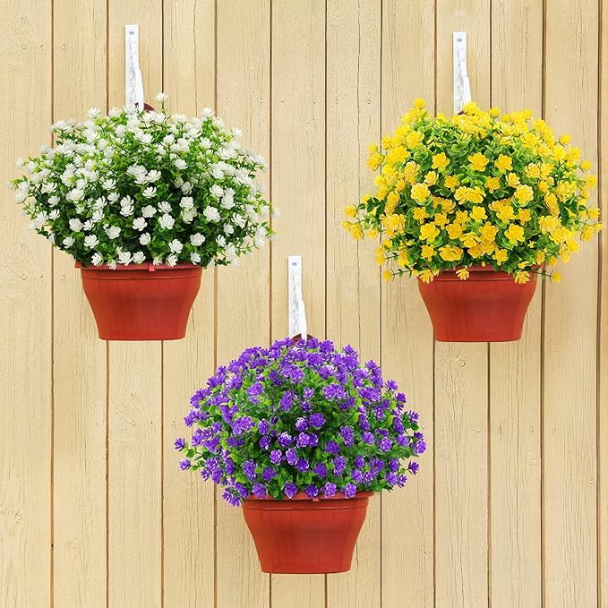 GREENRAIN Artificial Flowers Outdoor Fake Flowers for Decoration UV Resistant No Fade Faux Plastic Plants Garden Porch Window Box Décor (6 Bundles, 3#Purple)