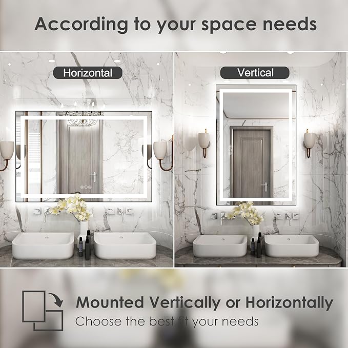 48"x 32" LED Bathroom Mirror with Black Frame, Bathroom Mirror with Lights Front and Backlit, Lighted Mirror Stepless Dimmable, Anti-Fog, Memory, LED Vanity Mirror with Lights 3 Colors