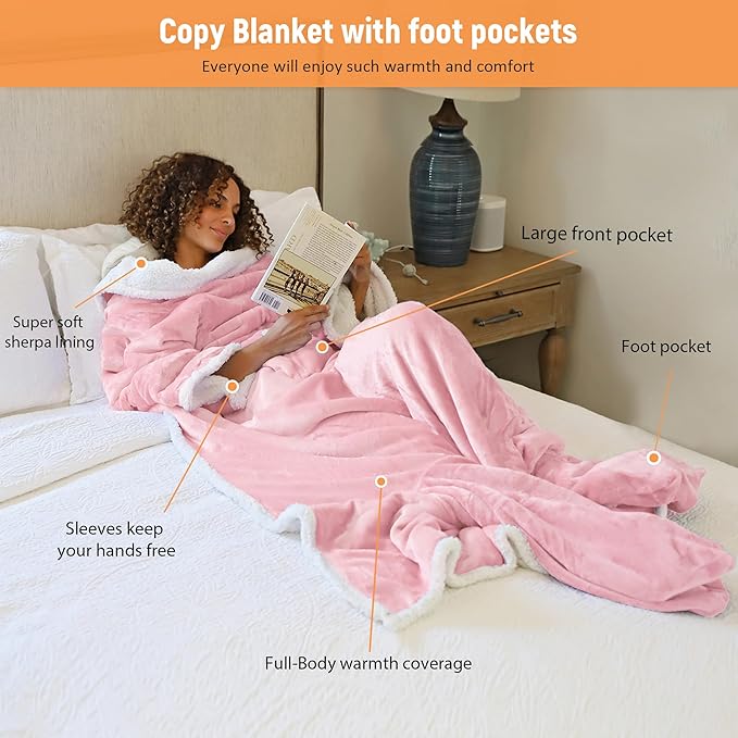 Catalonia Sherpa Wearable Blanket with Sleeves & Foot Pockets for Adult Women Men, Comfy Snuggly Wrap Sleeved Throw Blanket Robe, Gift Idea, Pink