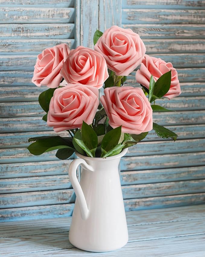 JOYLEX 100Pcs Pink Artificial Flowers Realistic Roses, Real Looking Fake Roses with Stem for DIY Wedding Bouquets Centerpieces Bridal Shower Party Home Romantic Decorations (Pink, 100pcs)