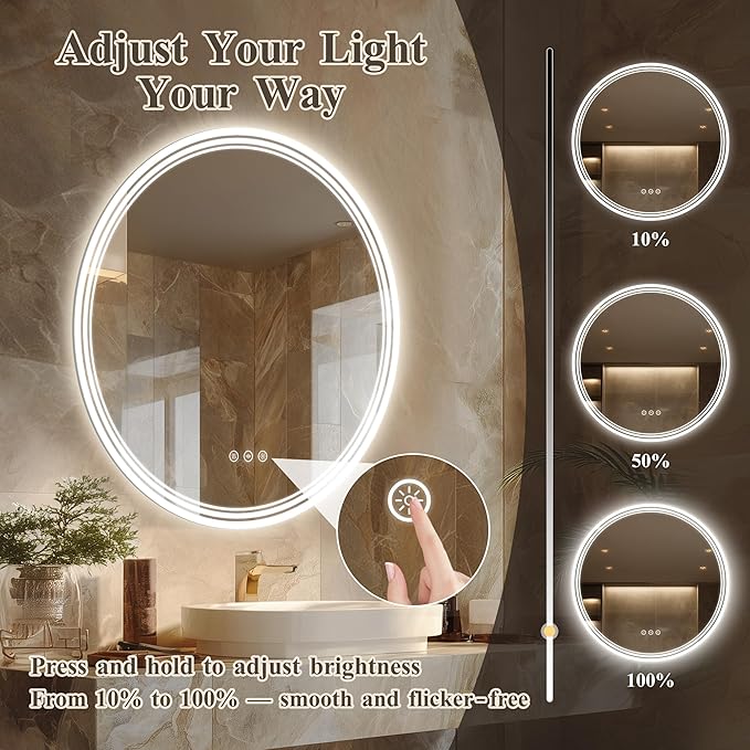 30''x30'' Lighted Mirrors for Bathroom Wall Backlit + Front Lit, Round LED Bathroom Mirror Frameless with Lights Anti Fog, Dimmable, 3 Colors,Tempered Glass, Shatter-Proof