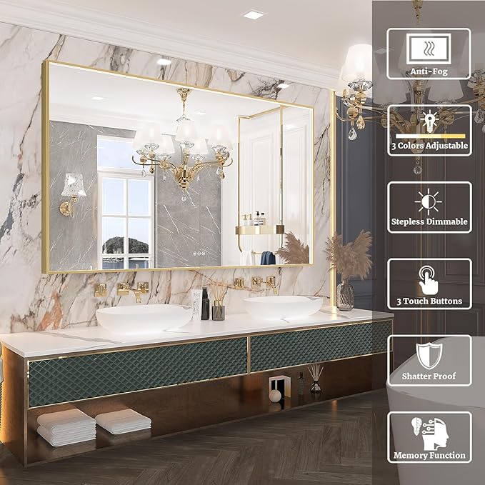 60x36 Inch LED Bathroom Mirror, Gold Metal Framed Lighted Mirror for Bathroom, Wall Mouted LED Vanity Mirror with Lights, 3 Colors and Stepless Dimmable, Anti-Fog, Memory