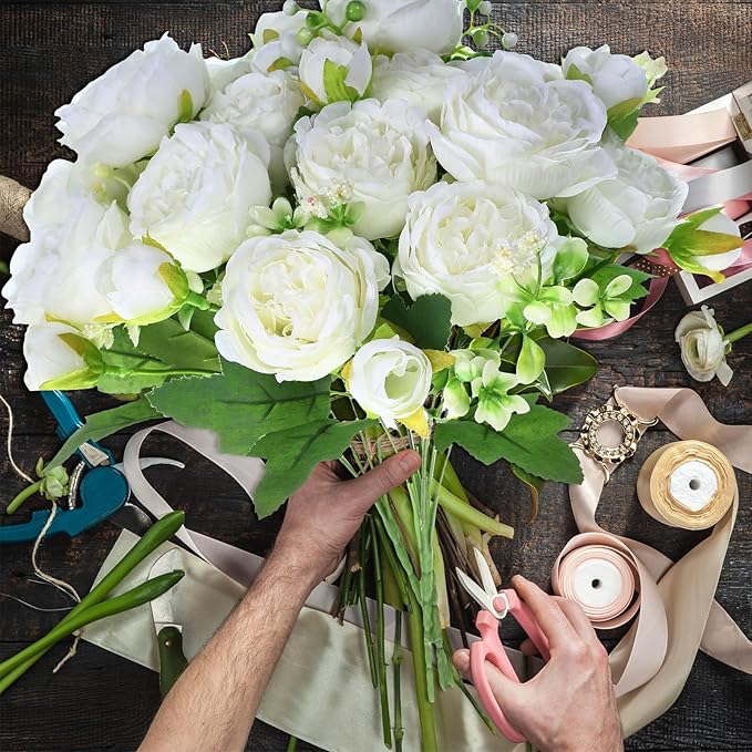 Geosar 8 Bundles Artificial Peonies Flowers Fake Silk Peony Bouquet Faux Peonies Flowers Bulk for Decoration Vase Floral Arrangements Wedding Party Table (White)