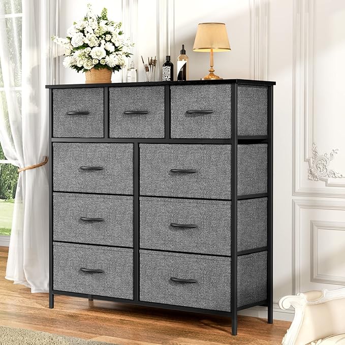 OLIXIS Dresser for Bedroom, 9 Storage Drawers, Tall Large Fabric Storage Tower Organizer, Chest of Drawers with Metal Frame Wooden Top for Nursery, Closet, Living Room, Entryway, Classic Grey