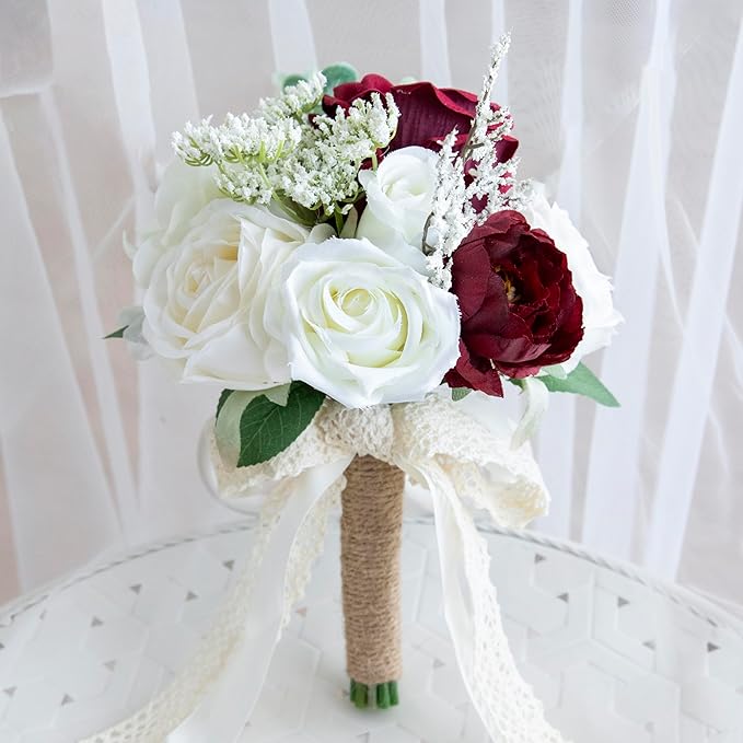 Wedding Bouquets for Bride Bridesmaid, Artificial Burgundy Champagne Bride Flower Bouquet for Wedding Church Decoration Ceremony, Anniversary, etc, Roses Flowers