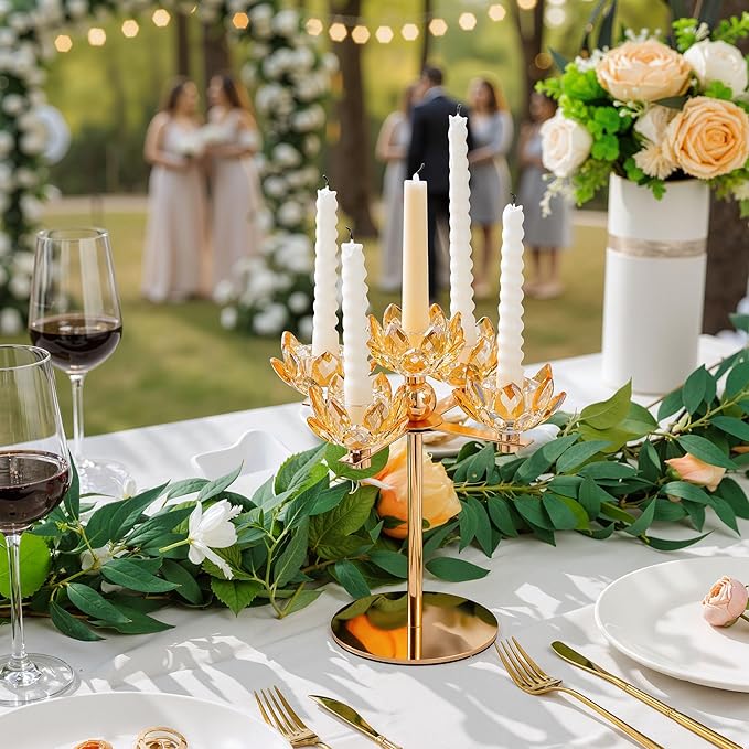 Crystal Candle Holders Lotus Candelabras Gold Arch Candlestick, Centerpiece Table, Home Hecor for Wedding, Dinning Room, Coffee Table, Kitchen, Living Room, Entryway (5 Arms, Gold, Taper Candle)