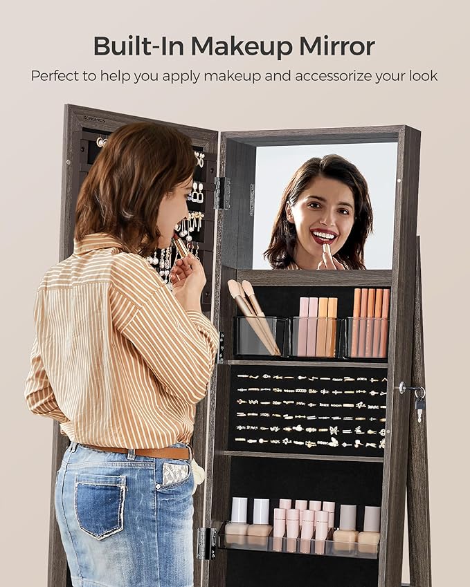 SONGMICS 360° Swivel Jewelry Cabinet, Lockable Jewelry Organizer with Full-Length Mirror, Rear Storage Shelves, Interior Mirror, Jewelry Armoire, Christmas Gifts for Women, Ash Brown UJJC006K02