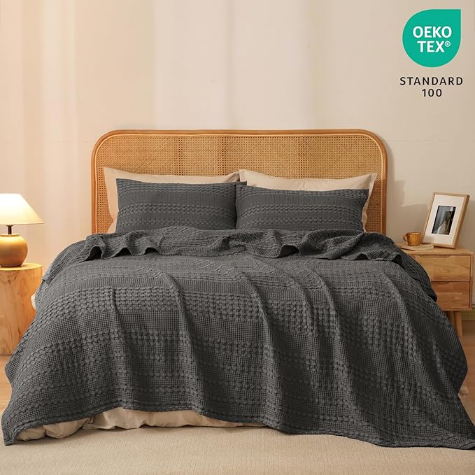 PHF 100% Cotton Waffle Weave Blanket King Size for Bed, Soft Lightweight & Breathable, All-Season Comfort, Luxury Aesthetic Woven Bedding for Home Decor, 108"x90", Charcoal Grey