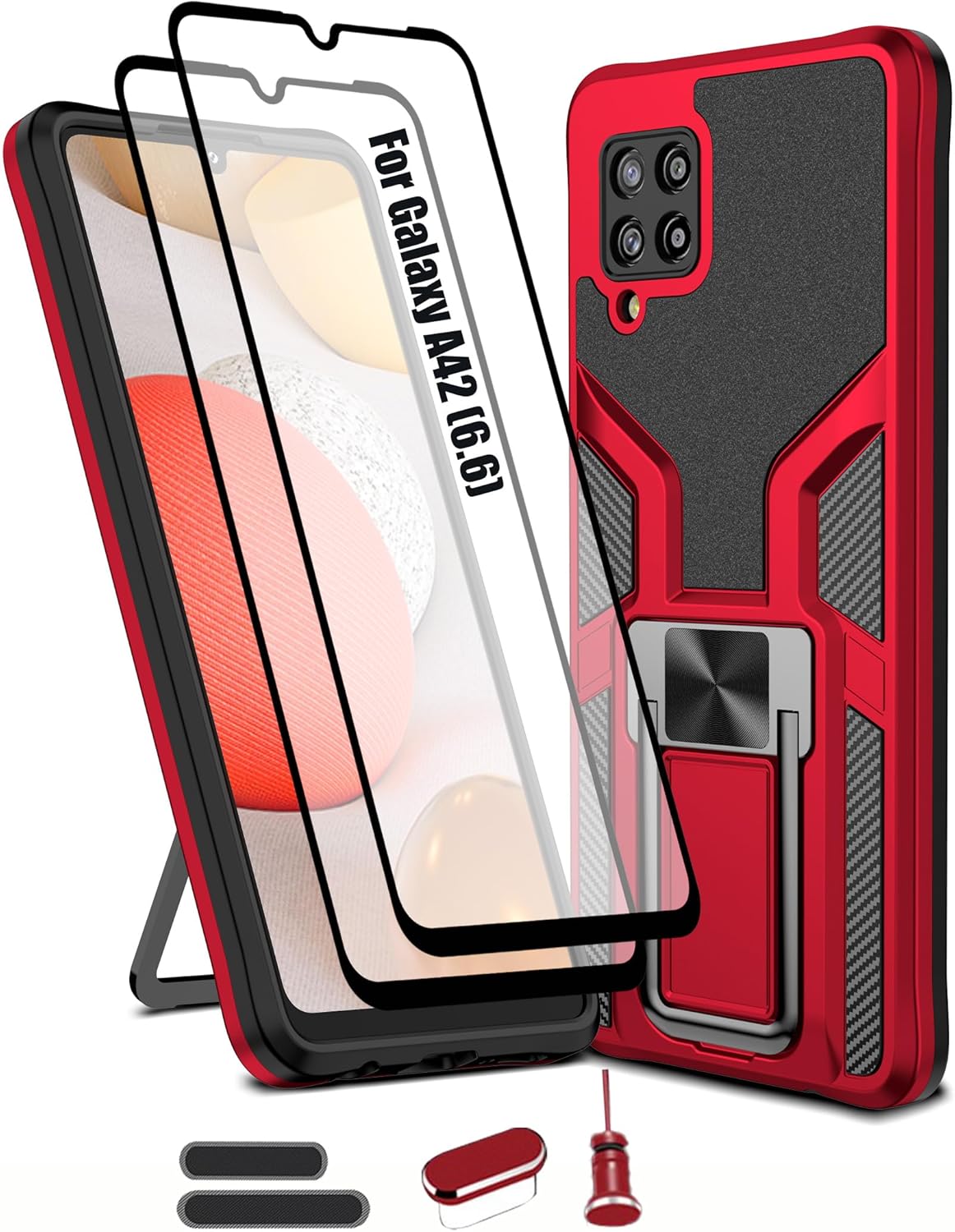 LMDAMZ Heavy Duty Shockproof Kickstand Case for Samsung Galaxy A42 5G, Double Protection (TPU+PC) 6.6 Inch - Red