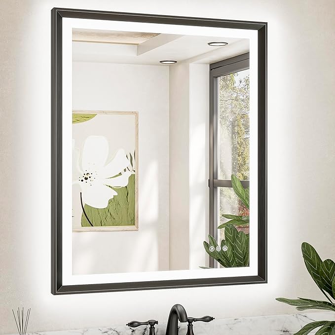 TETOTE LED Bathroom Mirror with Lights Black Metal Framed 30x36 Frontlit & Backlit Vanity Mirror Baroque Gothic Antifog Stepless Dimmable White/Warm/Natural,Wall Mounted(Horizontal/Vertical)