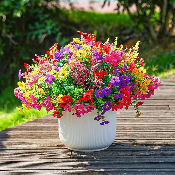 SHareconn 48 Bundles Artificial Flowers for Outdoors Decoration, Faux Plants Fake Silk Colorful Daisy Eucalyptus Lavender, UV Resistant for Outside Home Porch Patio Spring Decor, RedRosyPurpleYellow