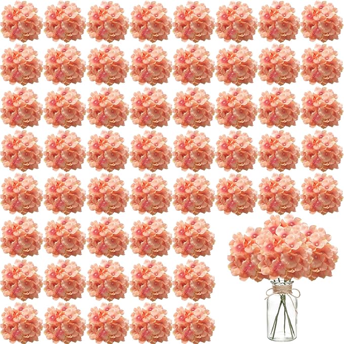 100PCS Artificial Hydrangea Flowers, Fake Flowers Silk Hydrangea Full Flowers Heads with Stems for Wedding Home Party Shop Baby Shower Decor (Rubber Pink)