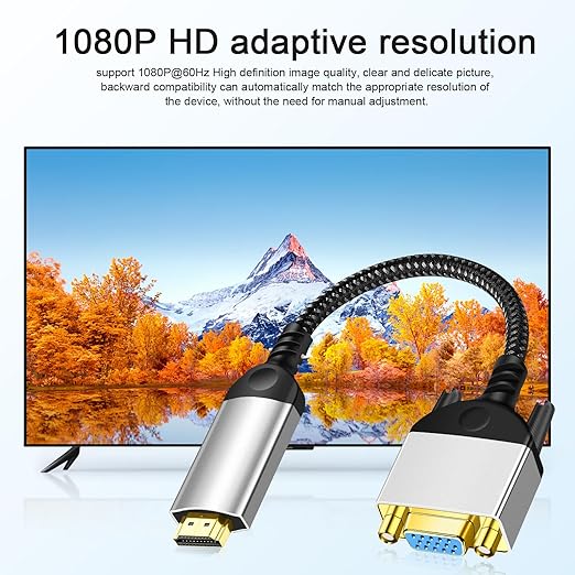 HDMI to VGA Adapter Cable 8 inch Uni-Directional Only,Gold-Plated 1080p@60Hz HDMI Male to VGA Female Braided Cord for PC,Laptop,Monitor,HDTV, Roku, Xbox, PS5