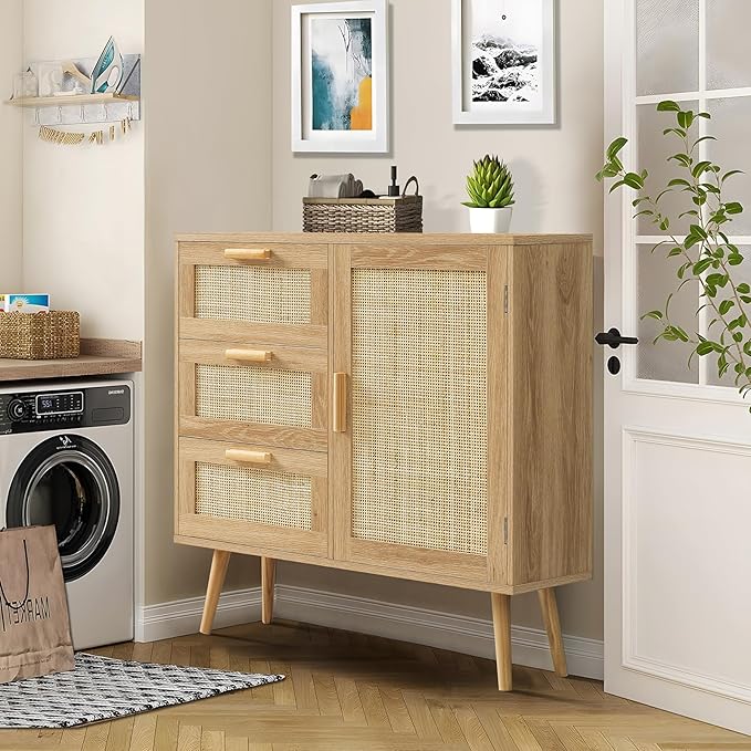 Iwell Storage Cabinet with 3 Drawers, Rattan Cabinet with Adjustable Shelf, Small Storage Cabinets, for Living Room, Entryway, Natural