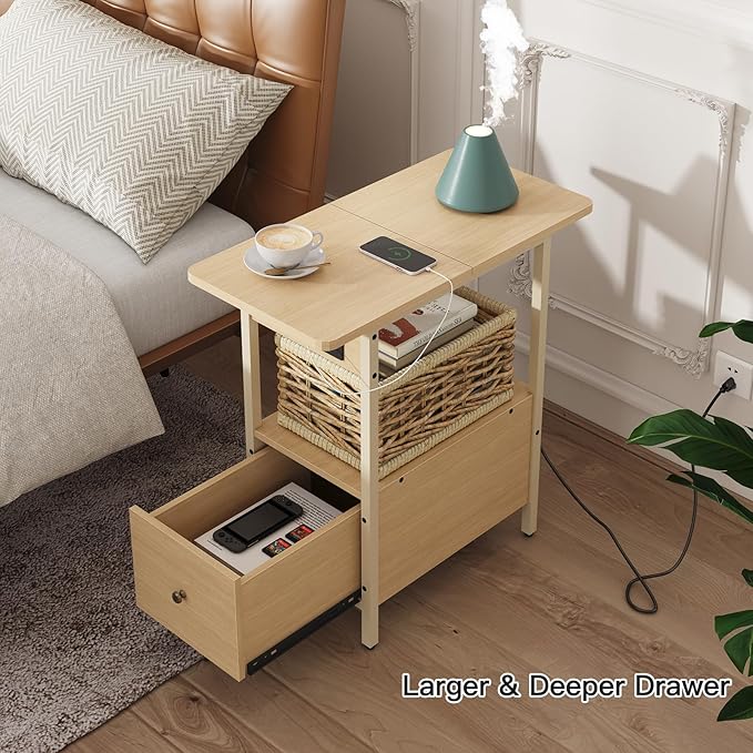 LIDYUK End Table with Charging Station, Narrow Side Table with Drawer and USB Ports & Power Outlets, Nightstand Bedside Tables for Small Spaces, Bedroom, Living Room, Natural