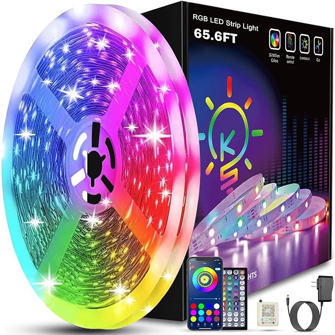 Keepsmile 65.6ft Led Lights for Bedroom,Bluetooth Smart APP Control Color Changing RGB Led Strip Lights with Remote Control Led Lights for Room Kitchen Party Home Decoration