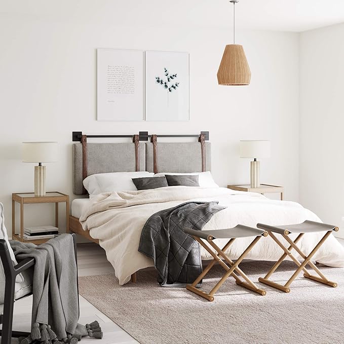 Nathan James Harlow Modern Wall Mount Hanging Headboard, King, Gray with Brown Faux Leather Straps