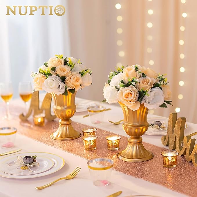 NUPTIO 6 Pieces Champagne White Fake Flower Ball Arrangement Bouquet 15 Heads Plastic Roses with Base, Suitable for Wedding Centerpiece Flower Rack for Parties Home Décor
