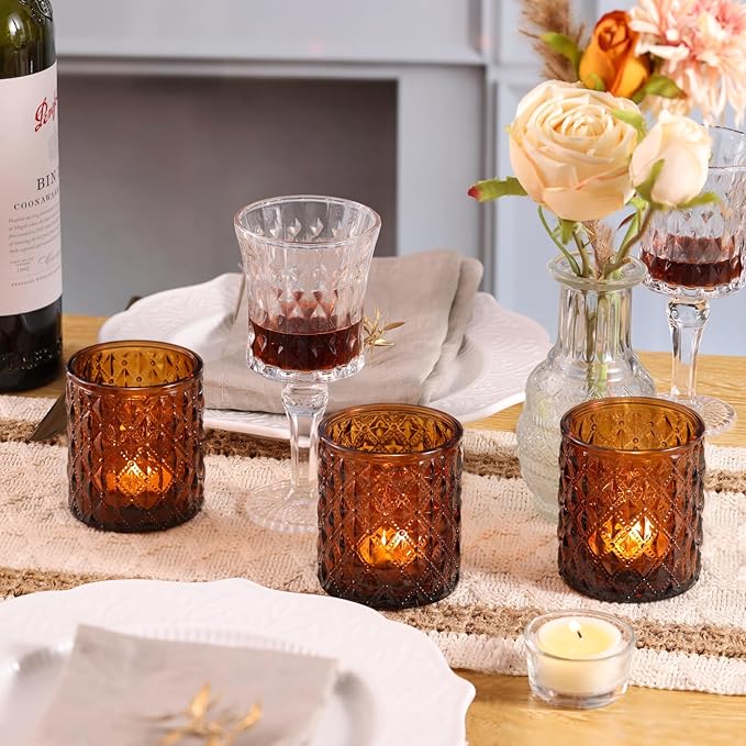 12Pcs Large Votive Candle Holders 2.8 * 3.2in Amber Tea Light Candle Holders Glass Candle Holder for Wedding Table Centerpiece, Home Decor, Birdal Shower, Party, Fall Decor