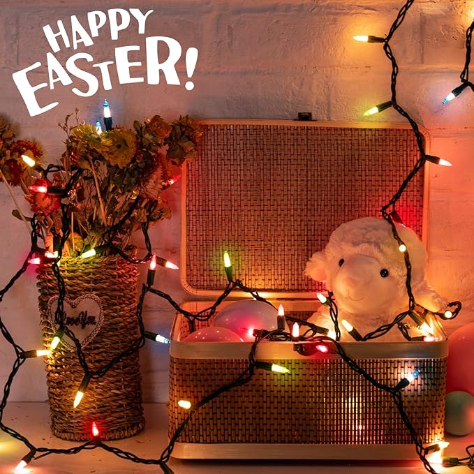 Easter Decorations Mini String Lights - 26.5 feet 100 Count Mini Light Set on Green Wire Plug in End to End Connectable for Indoor Outdoor Party Yard Garden Patio Home Easter Decor, Multicolored