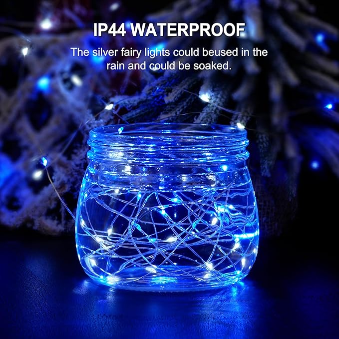 JMEXSUSS 4 Pack 50 LED Fairy Lights Battery Operated Silver Wire 16.1ft Waterproof Blue & White Twinkle Lights for Gifts Party Wedding Christmas Indoor Outdoor Decorations