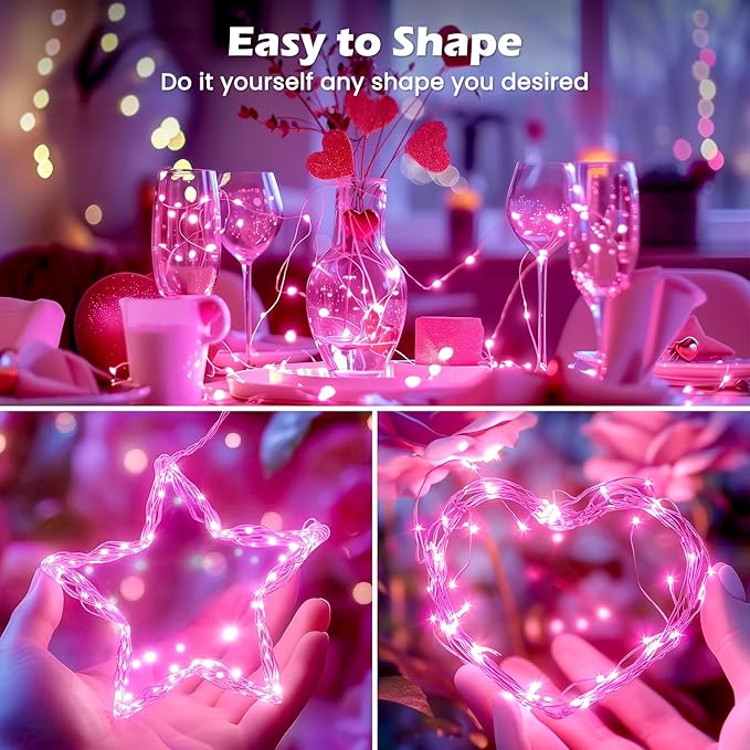 Minetom Fairy Lights Battery Operated, 5 Pack 7 FT 20 LED Fairy Lights with Timer, String Lights Battery Powered, Silver Wire Christmas Light for Bedroom Party Wedding Decorations, Pink
