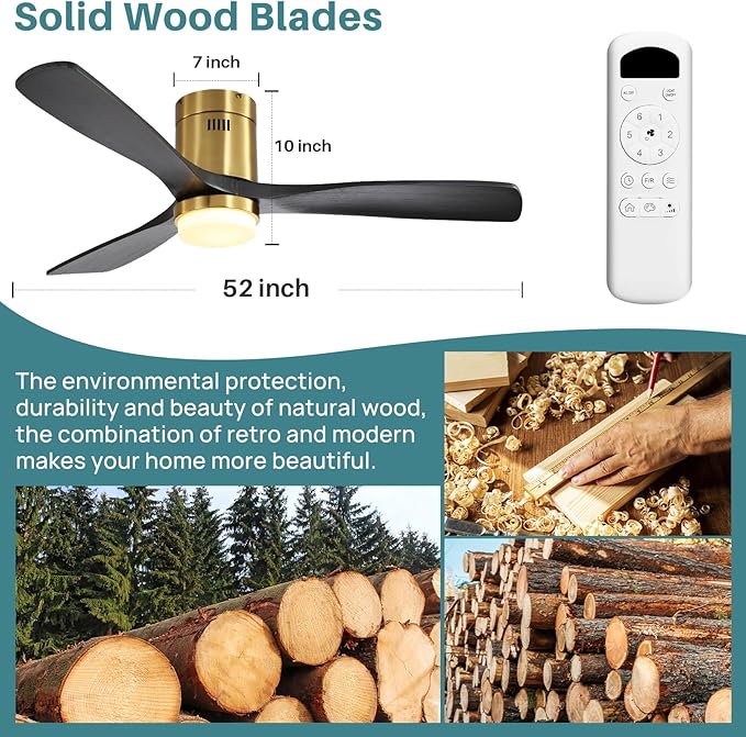 Sofucor Ceiling Fan with Lights-52 Inch Flush Mount Ceiling Fan with Light and Remote Control, Low Profile Wood Blades Modern Outdoor Ceiling Fans for Bedroom/Farmhouse/Patio/Indoor, Quiet DC Motor