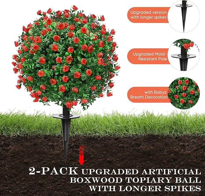 24" Artificial Topiary Boxwood Ball Tree with Ground Spike, Set of 2, UV Resistant Outside Fake Bushes Plants, Faux Cedar Balls Faux Shrubs Plastic Plants for Outdoor Indoor Front Porch Garden Decor