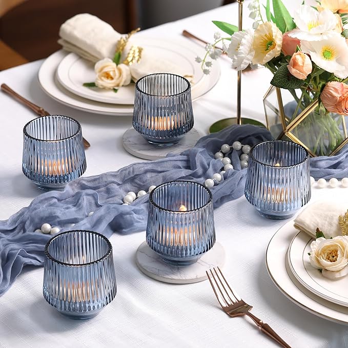 12 Pcs Large Blue Votive Candle Holders- 3.15"×3.15" Ribbed Blue Candle Holders, Blue Tea Lights Candle Holders for Dusty Blue Wedding Decor, Bridal Shower Decorations, Blue Centerpieces for Tables
