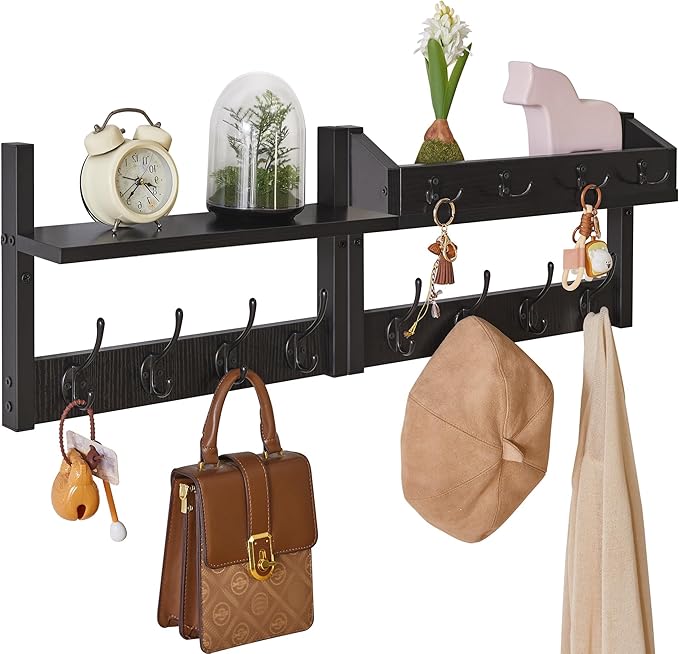 YMYNY 31.5" Coat Rack Wall Mount with Shelf, 4 in 1 Key and Coat Hanger with 12 Metal Hooks, Wall Shelf with Hooks & Mail Holder for Living Room, Bedroom, Black, HWS007B-2