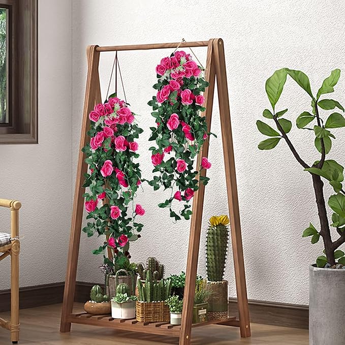 RECUTMS Artificial Rose 4Packs Fake Hanging Flower Faux Ivy Vine Plants for Home Window Garden Office Patio Planter Pathway Front Porch (Rose Red)
