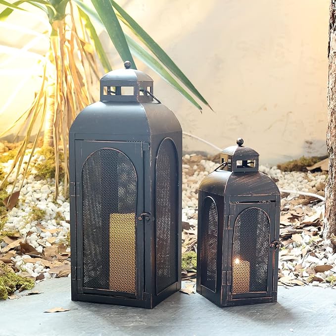 DECORKEY Luxury Lantern Decorative Outdoor & Indoor, Set of 2 (19’’&13’’) Metal Candle Lanterns Decor, Vintage Hanging Candle Holder for Front Porch Patio Wedding Farmhouse Home, Christmas Decorations