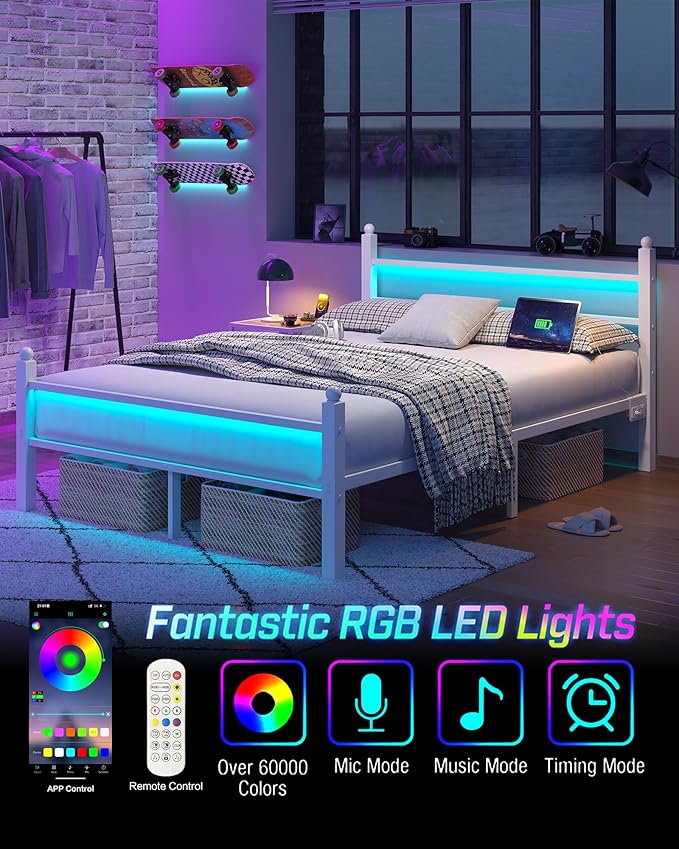 Full Bed Frame with Headboard and Footboard, Metal Bed Frame with Charging Station and LED Lights, Under Bed Storage, No Box Spring Needed,Noise Free, White