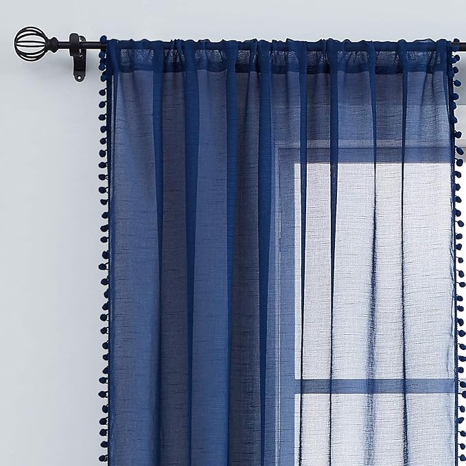 Treatmentex Pompom Sheer Window Curtains for Boy's Bedroom Guest Room Navy Blue Slub Textured Sheer Drapes for Window Office 108" Length, 52" w x 2 Pack Rod Pocket