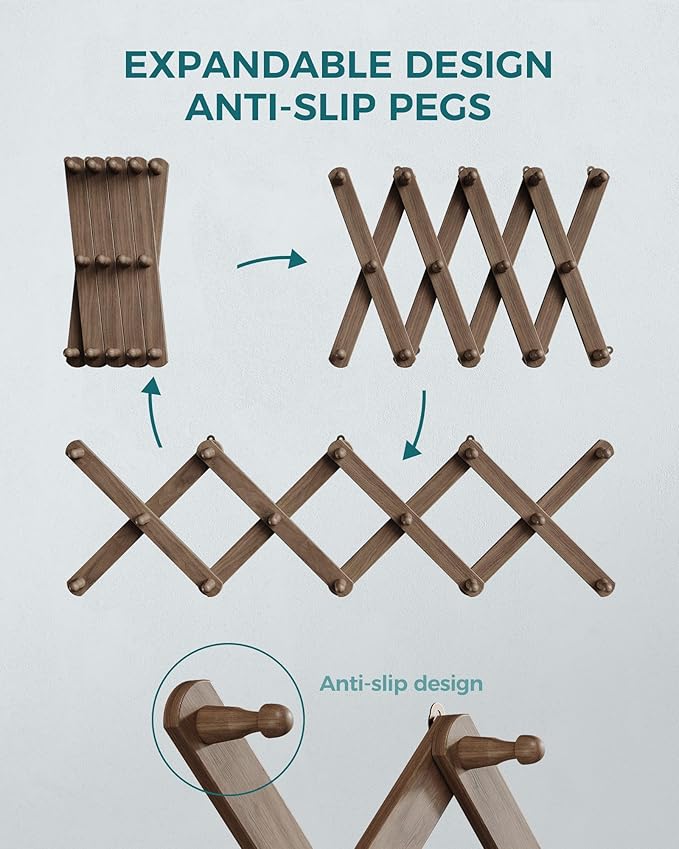 OROPY Wood Accordion Wall Hanger, Expandable Coat Rack Wall Mount with 14 Pegs, Expanding Hat Rack for Wall, X Shape, 27"×10", Walnut Color