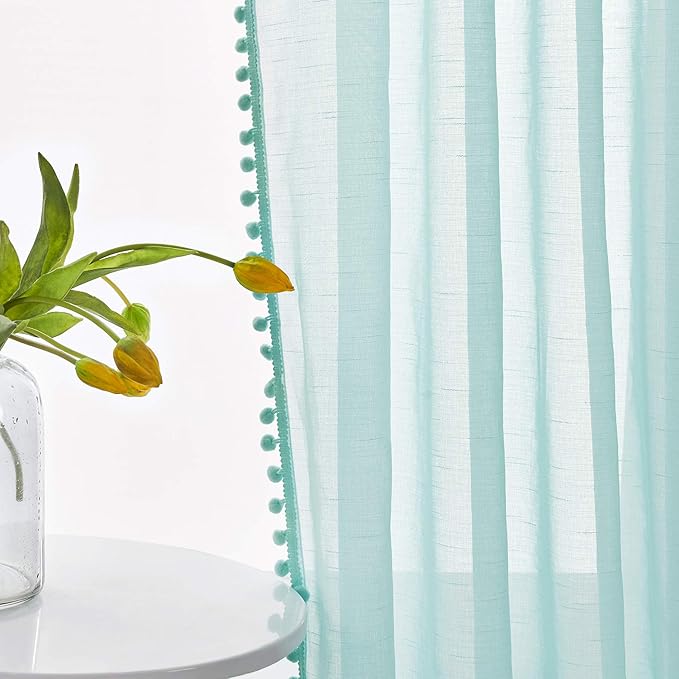 Treatmentex Pompom Sheer Curtain Panels 84inch Long Living Room Bedroom Window Curtain Drapes for School, Kindergarten 52" Width Each Panel. 1 Pair Rod Pocket Aqua