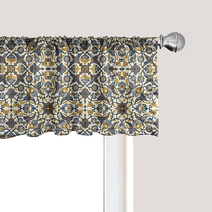 Ambesonne Turkish Pattern Window Valance Pack of 2, Flowers in and Traditional Style, Rod Pocket Curtain Valances for Kitchen Bedroom, 42" X 12", Earth Yellow Slate Blue