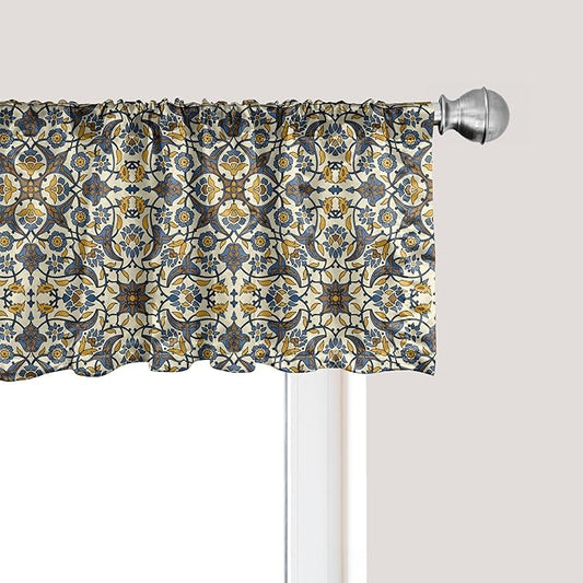 Ambesonne Turkish Pattern Window Valance Pack of 2, Flowers in and Traditional Style, Rod Pocket Curtain Valances for Kitchen Bedroom, 54" X 12", Earth Yellow Slate Blue