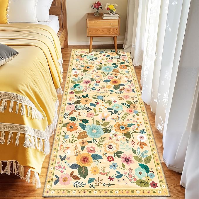 Floral 2x8 Area Rug Machine Washable Soft Print Boho Carpet Non Slip Doormat Low Pile Flower Area Rugs for Living Room Bedroom Nursery Kitchen Dining Room Indoor-Ivory/Yellow