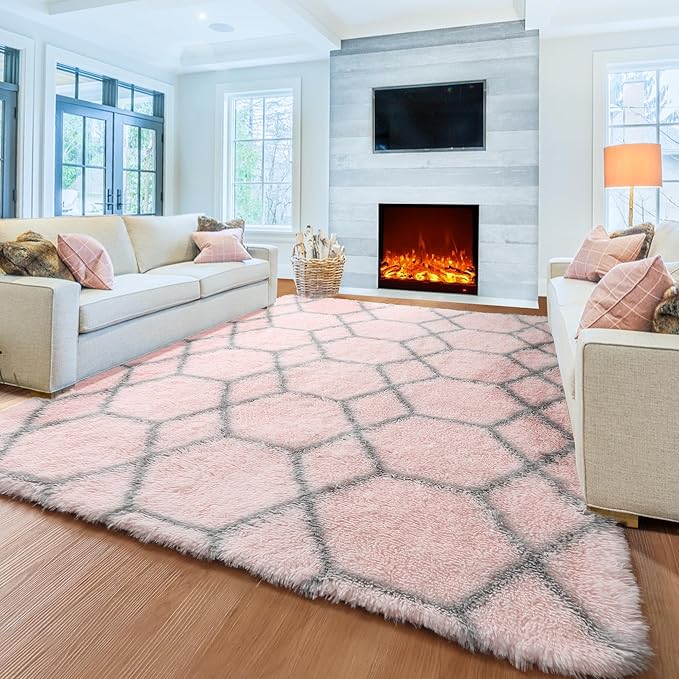 ONASAR 6x9 Area Rugs for Living Room Bedroom, Washable Large Fluffy Pink and Grey Throw Rug, Geometric Soft Plush Shaggy Fuzzy Floor Carpet for Nursery Kids Girls Boys Teen Dorm Home Office Decor